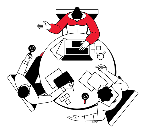 Illustration of three people brainstorming at a table