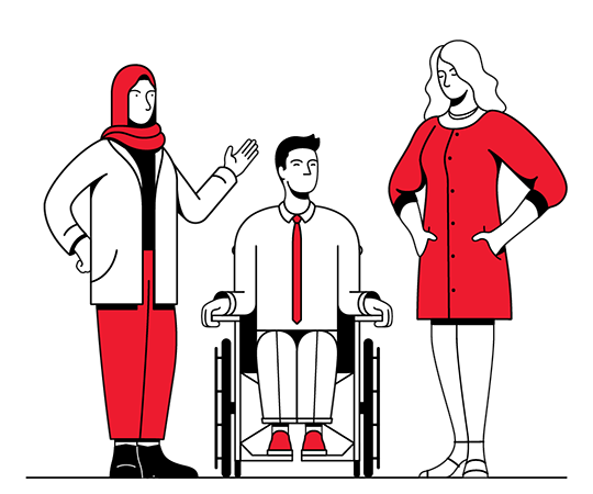 illustration of three people of different backgrounds having conversation